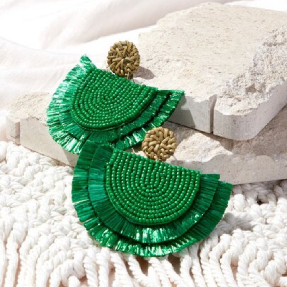 Emerald Beaded Raffia Statement Earrings - Picture 3 of 5